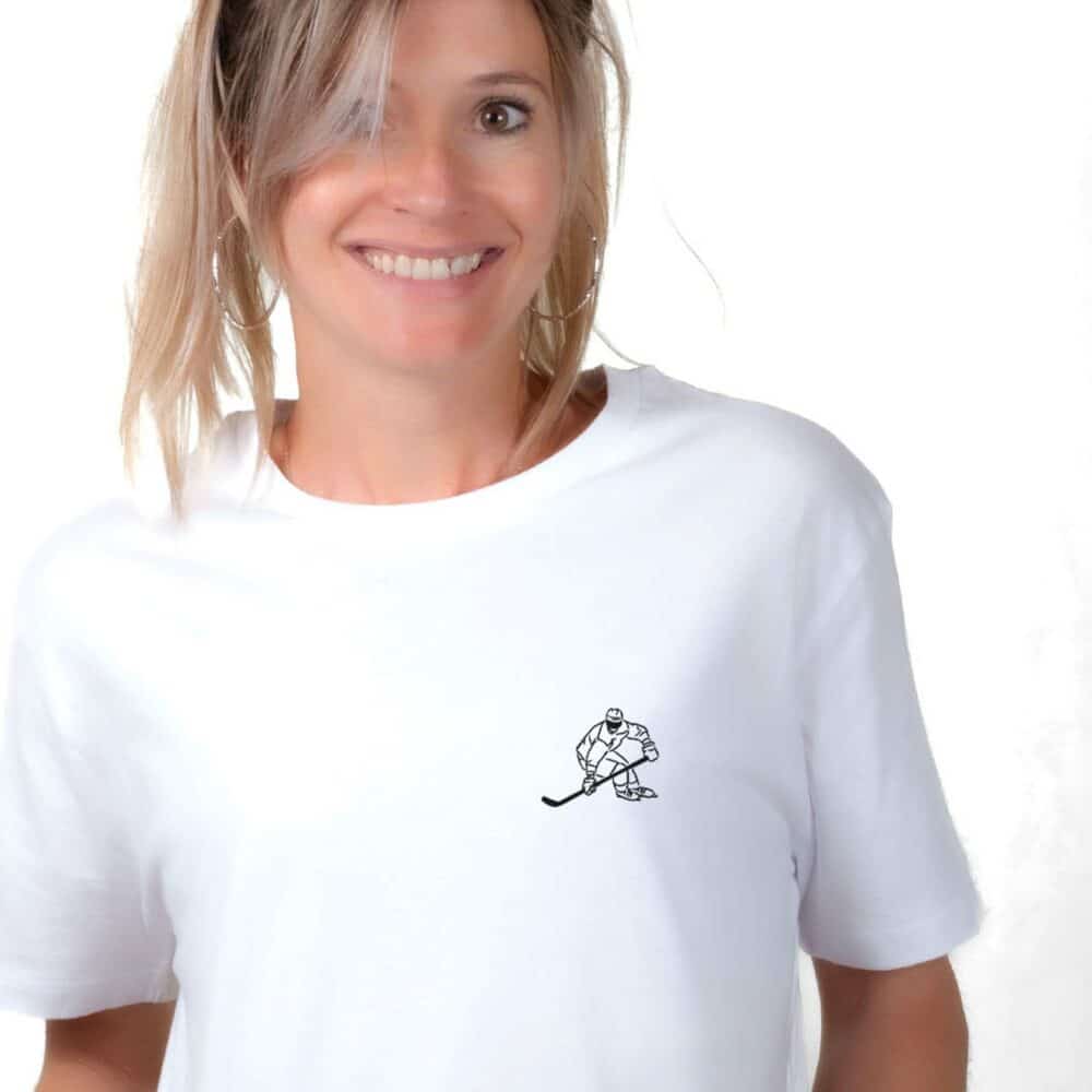 00799 T shirt femme blanc Joueur de hockey Zoom